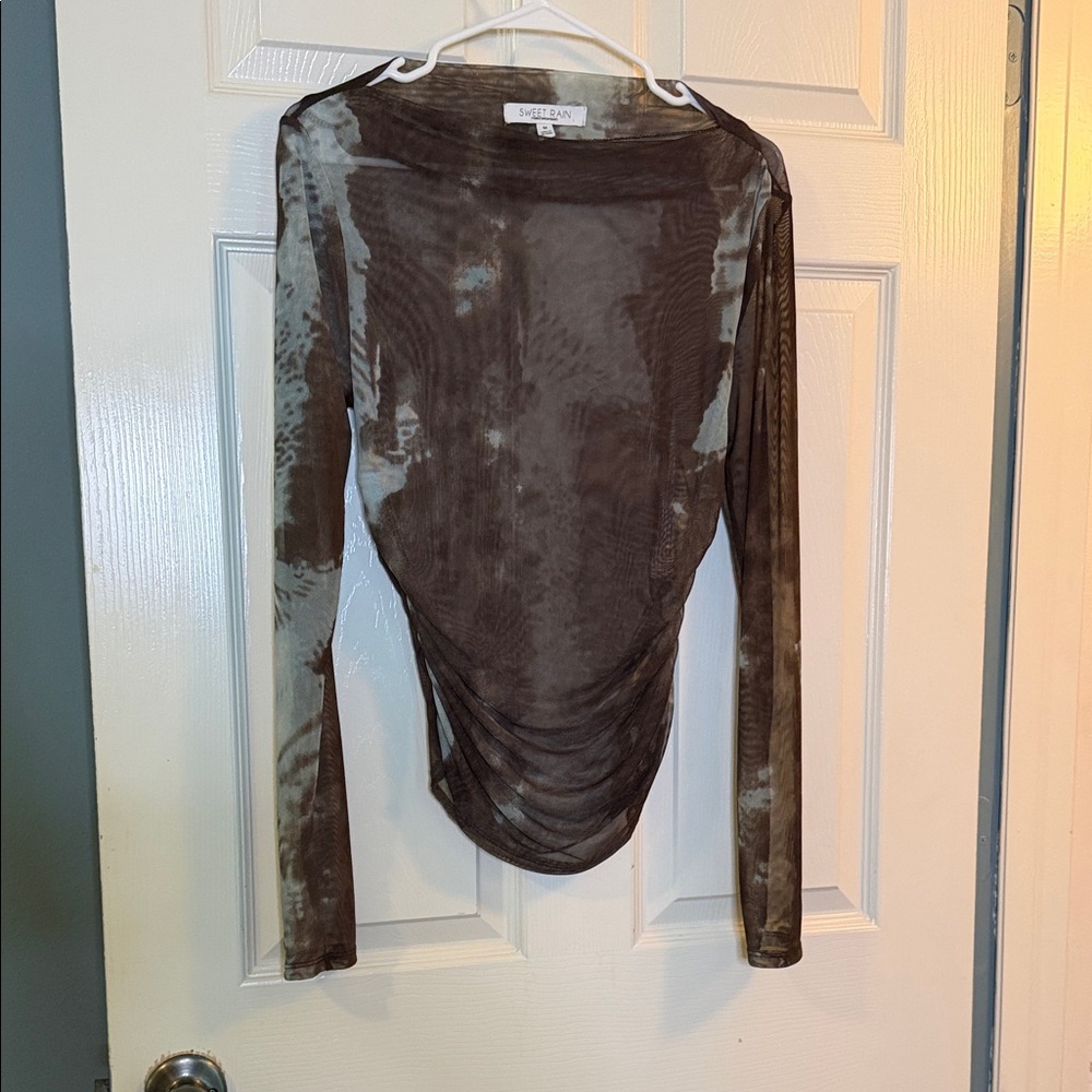 Sweet Rain Olive Tie-Dye Sheer Long Sleeve Top